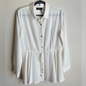 DKNY Off-White Button Down Blouse with Cinched Waist
